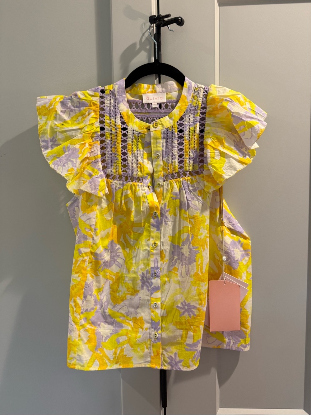 Alivia Floral Button Front Ruffle Sleeve Top - Yellow & Lavender